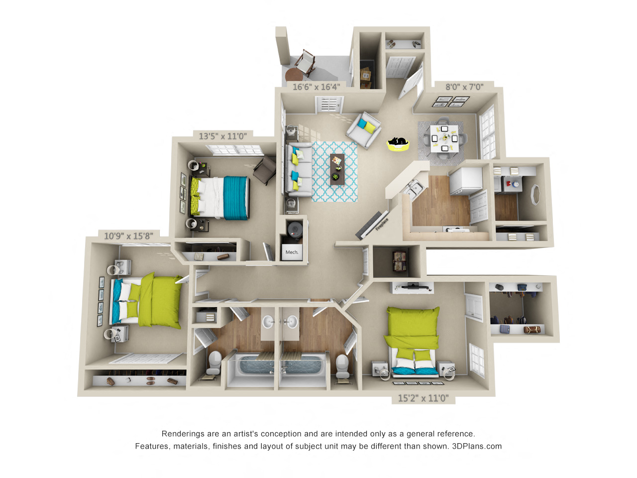 Floor plan for 3 beds, 2 baths, 1452 sqft